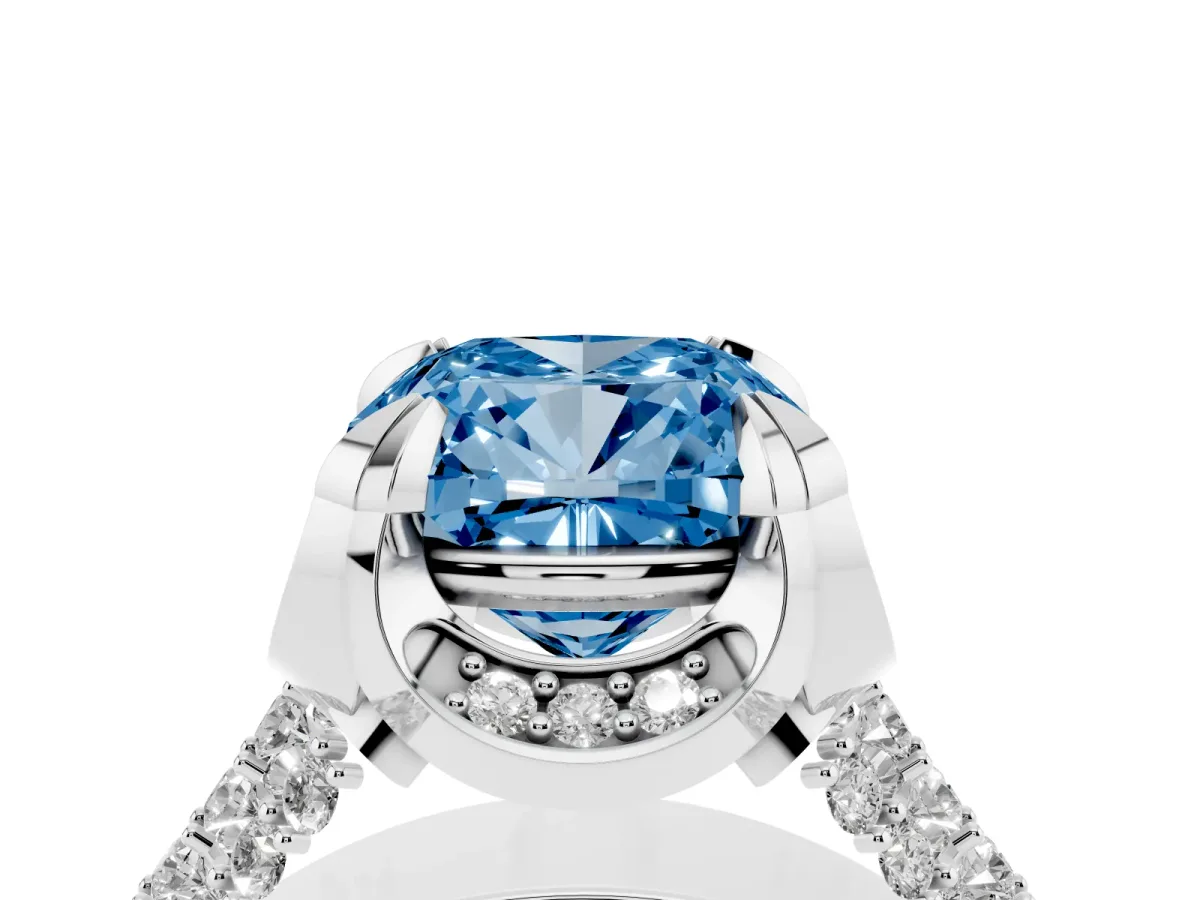 Fancy Blue Cushion Cut Solitaire Pave Split Shank Ring with Four-Prong Setting White gold