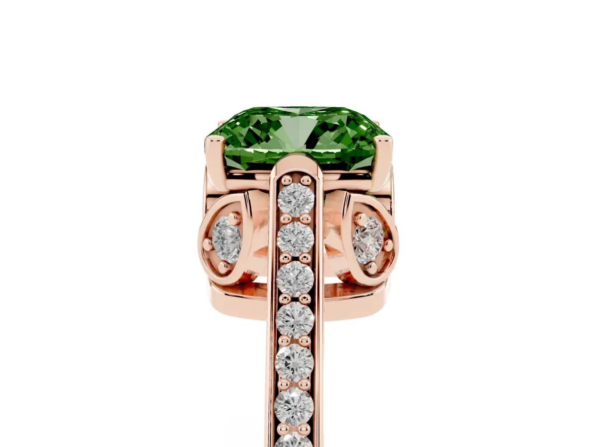 Fancy Green Cushion Cut Cut Cathedral Pave Diamond Engagement Ring with Six-Prong Setting Rose gold