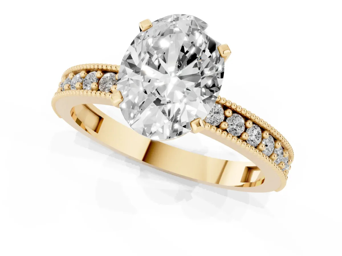 Oval Cut Diamond Milgrain Pavé Engagement Ring with Four-Prong Setting Yellow gold