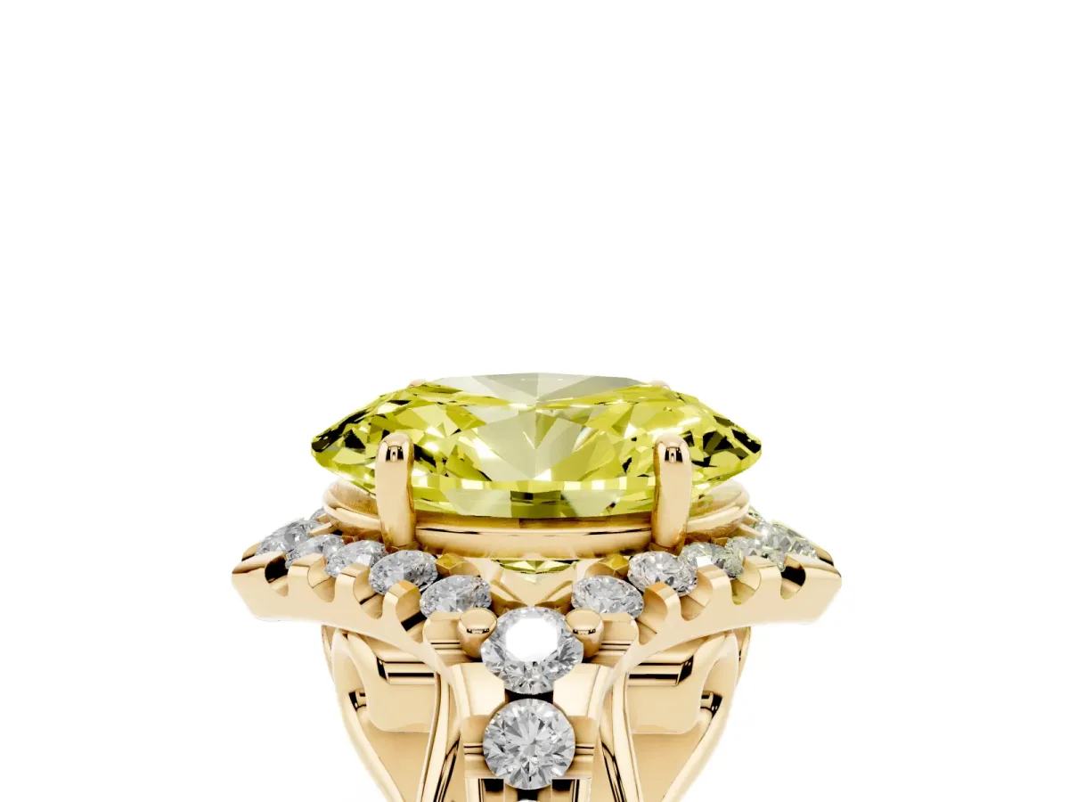 Fancy Yellow Oval Cut Diamond Solitaire Ring with Hidden Halo and Pavé Band Yellow gold