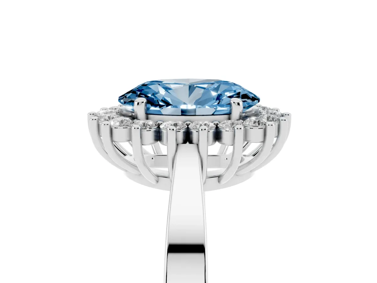 Fancy Blue Oval Cut Cut Diamond Halo Ring with Round Brilliant Halo and Solitaire Band Silver
