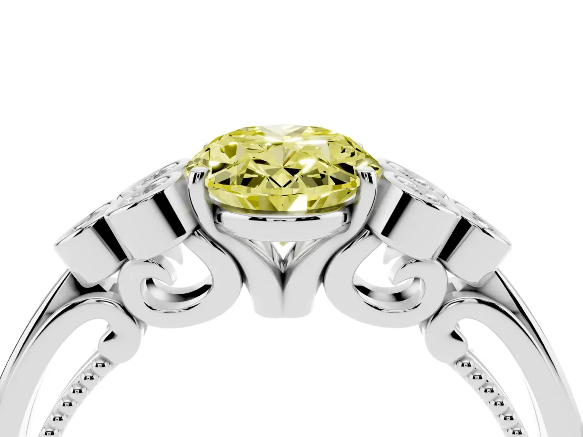 Fancy Yellow Oval Cut Cut Diamond Engagement Ring with Bezel Set Round Side Stones and Prong Setting Silver
