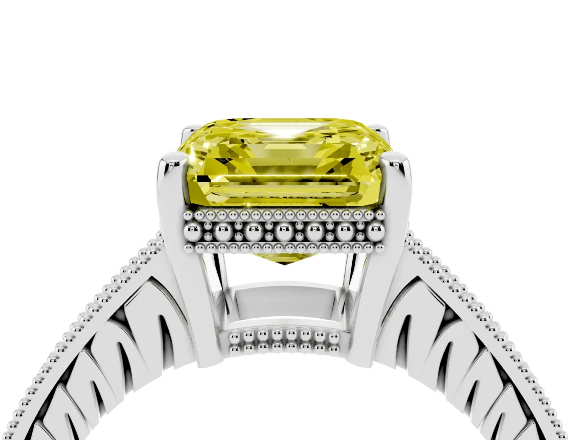 Fancy Yellow Asscher Cut Solitaire Pavé Diamond Milgrain Engagement Ring with Four-Prong Setting Silver