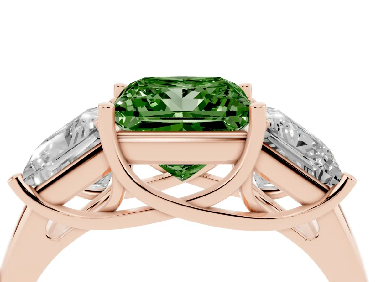 Fancy Green Three-Stone Princess Cut Diamond Engagement Ring with Prong Setting Rose gold