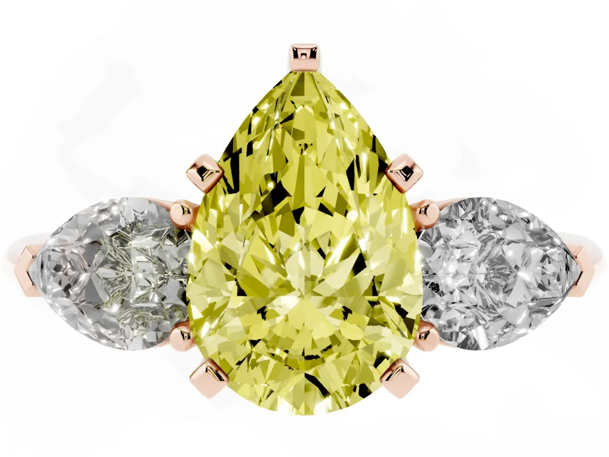 Fancy Yellow Three-Stone Pear Cut Diamond Ring with Pear Side Stones and Four-Prong Setting Rose gold