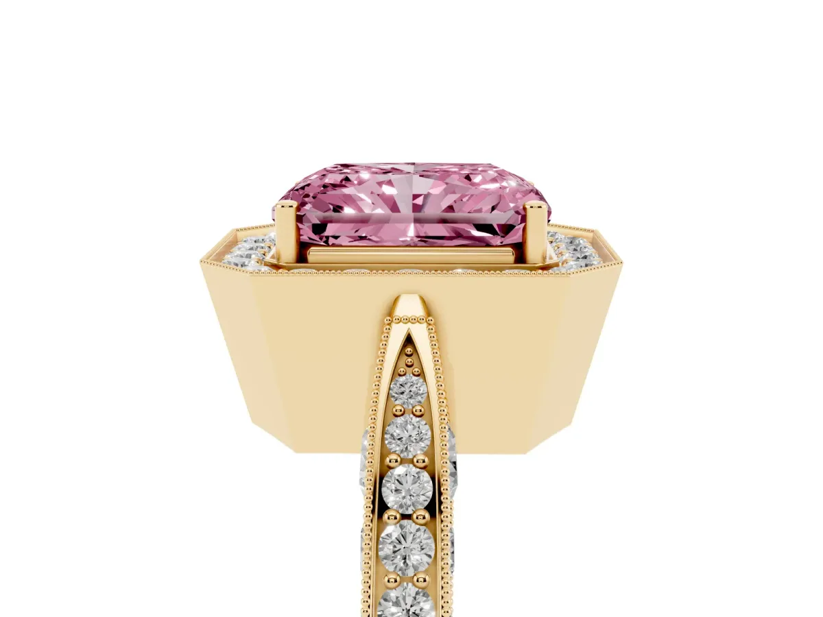 Fancy Pink Radiant Cut Halo Diamond Engagement Ring with Split Shank Band and Four-Prong Setting Yellow gold