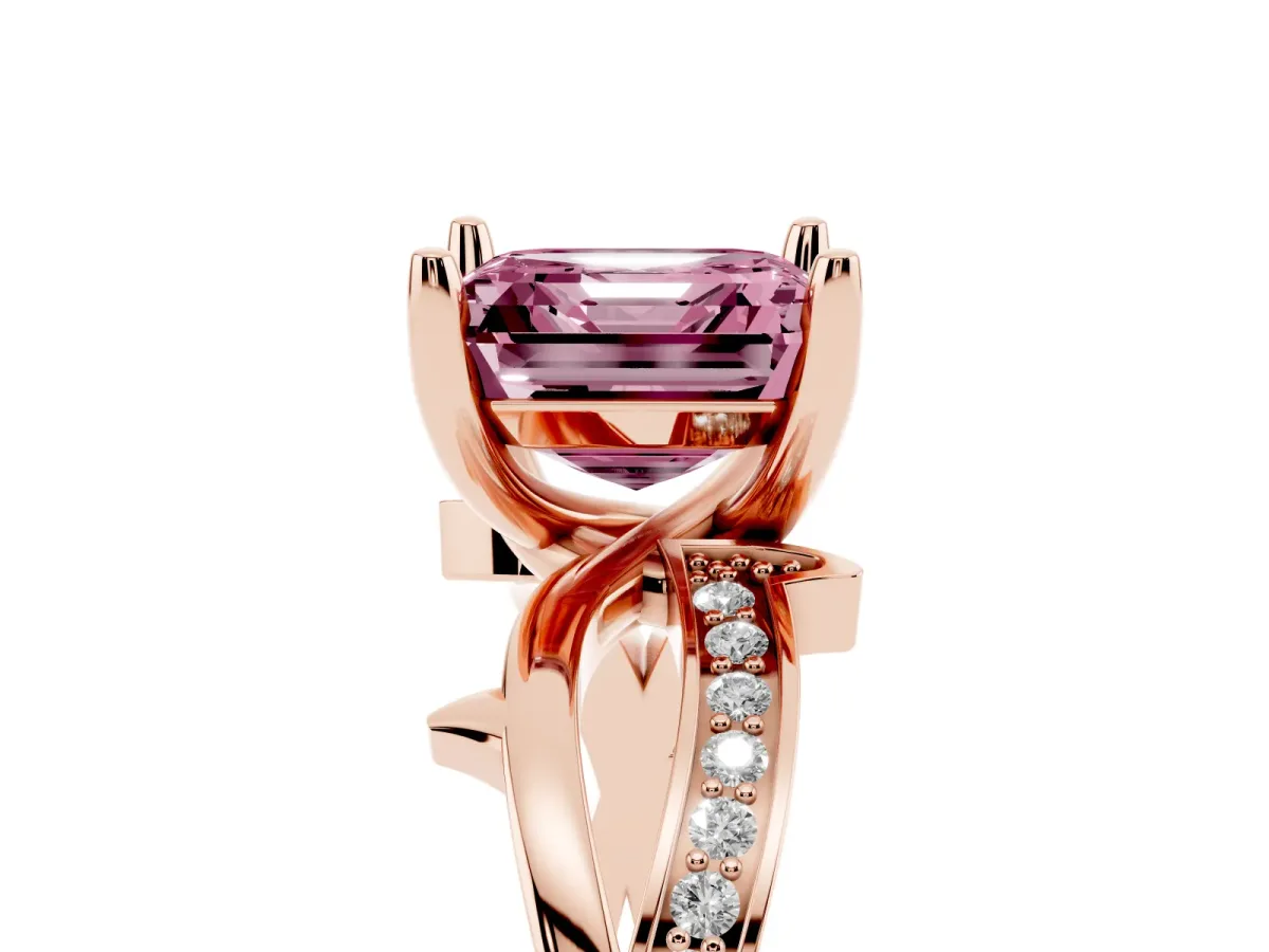 Fancy Pink Asscher Cut Solitaire Twist Band with Pavé Accents and Four-Prong Setting Rose gold