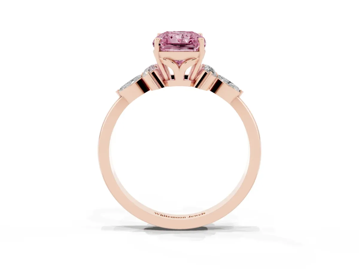 Fancy Pink Radiant Cut Brilliant Diamond Solitaire Ring with Pear Side Stones and Four-Prong Setting Rose gold