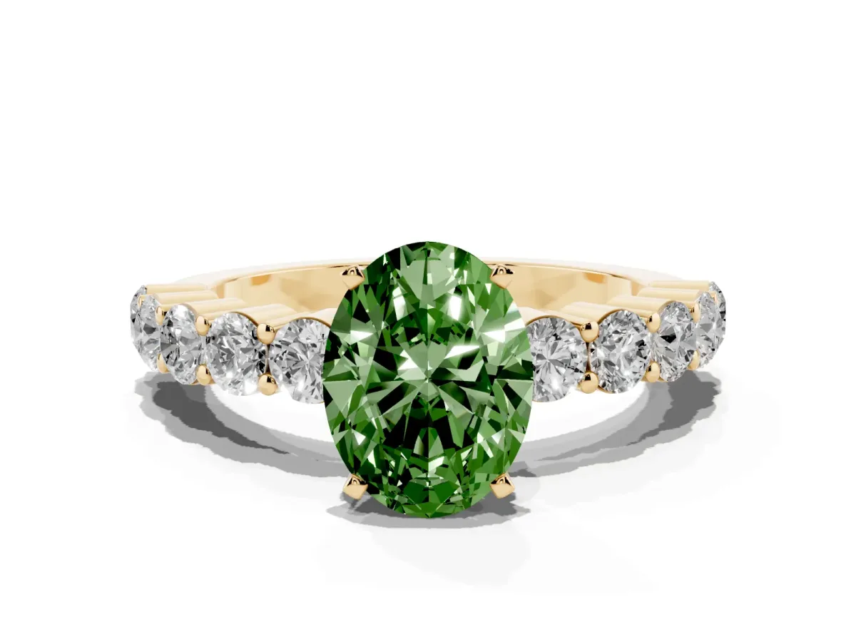 Fancy Green Oval Cut Diamond Solitaire Ring with Shared Prong Round Side Stones Yellow gold