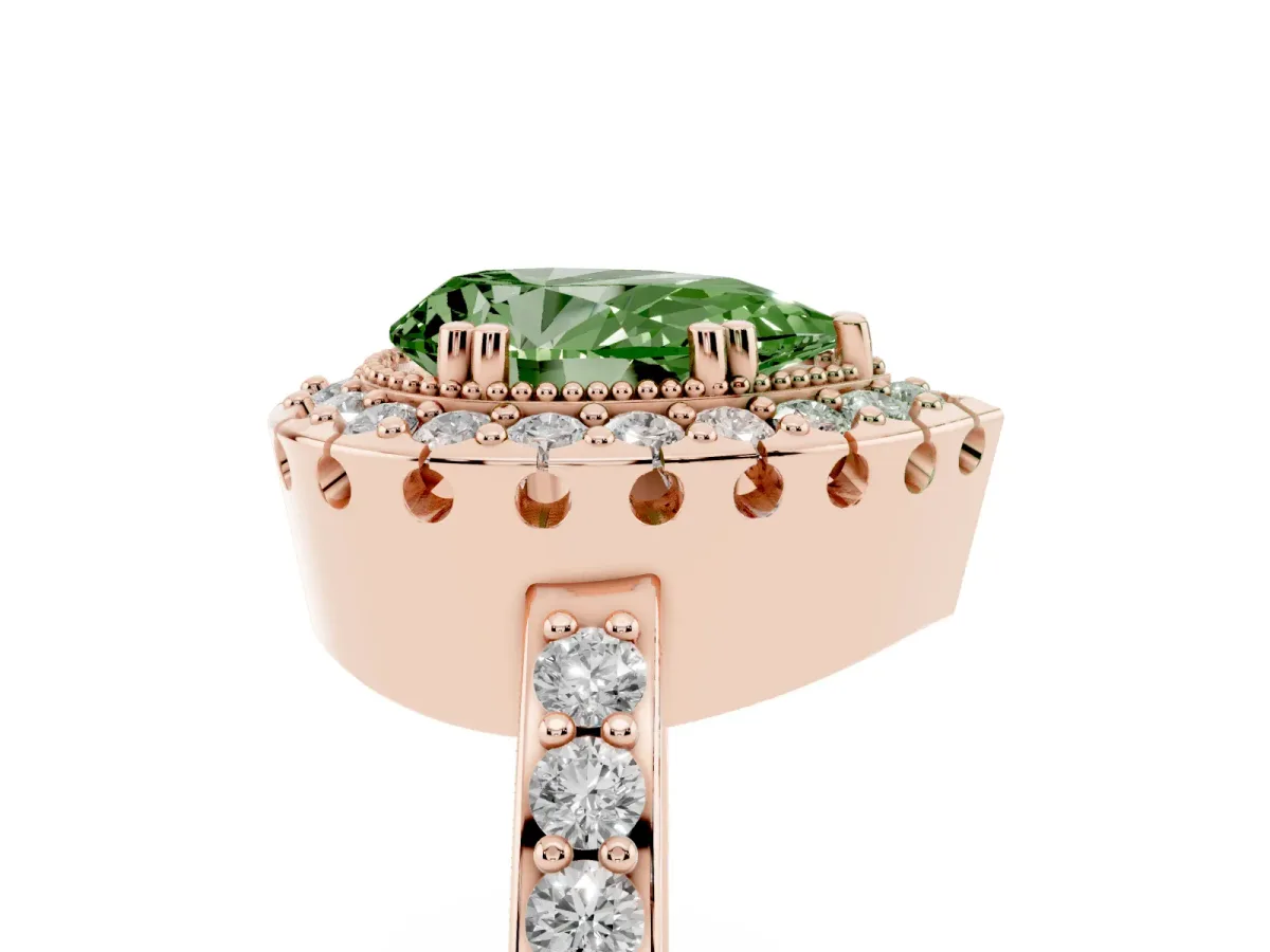 Fancy Green Pear Cut Diamond Halo Ring with Pavé Band and Prong Setting Rose gold