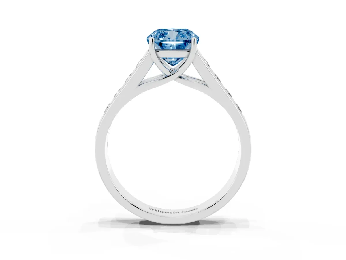 Fancy Blue Cushion Cut Solitaire Channel-Set Diamond Engagement Ring with Four-Prong Setting Platinum