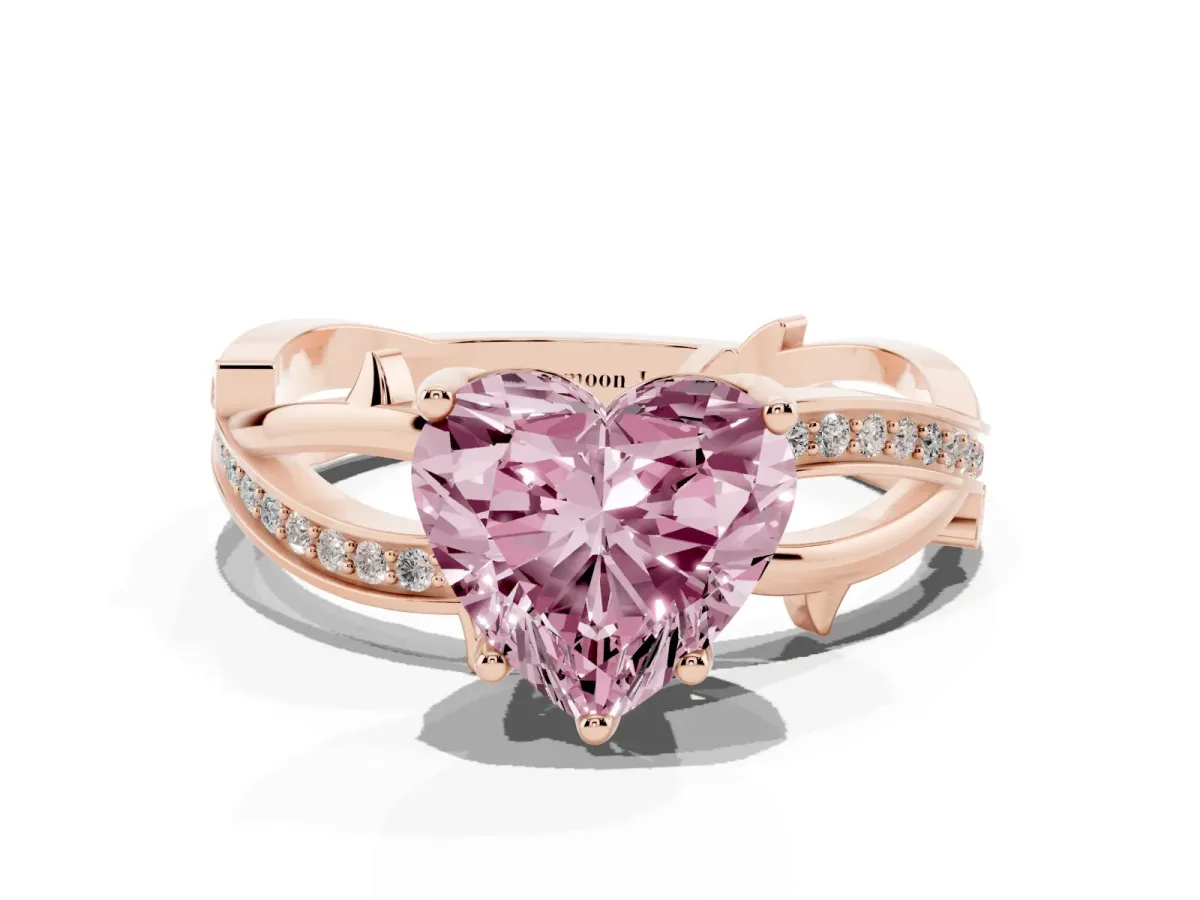 Fancy Pink Heart Cut Solitaire Twist Band with Pavé Accents and Four-Prong Setting Rose gold