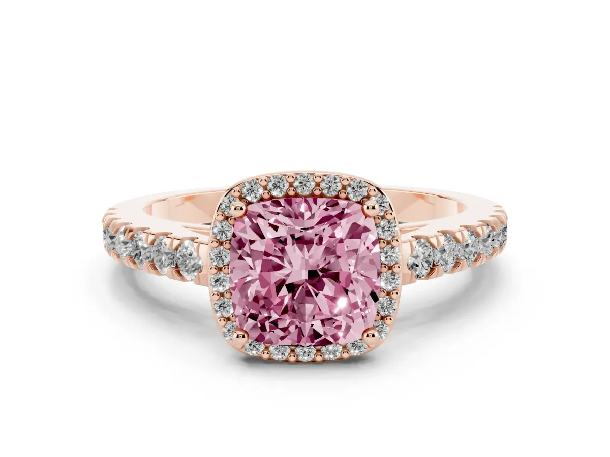 Fancy Pink Cushion Cut Cut Halo Diamond Engagement Ring with Pave Band and Four-Prong Setting Rose gold