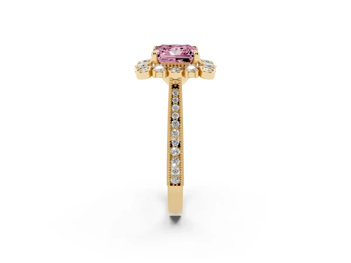 Fancy Pink Princess Cut Halo Milgrain Pave Diamond Ring with Four-Prong Setting Yellow gold
