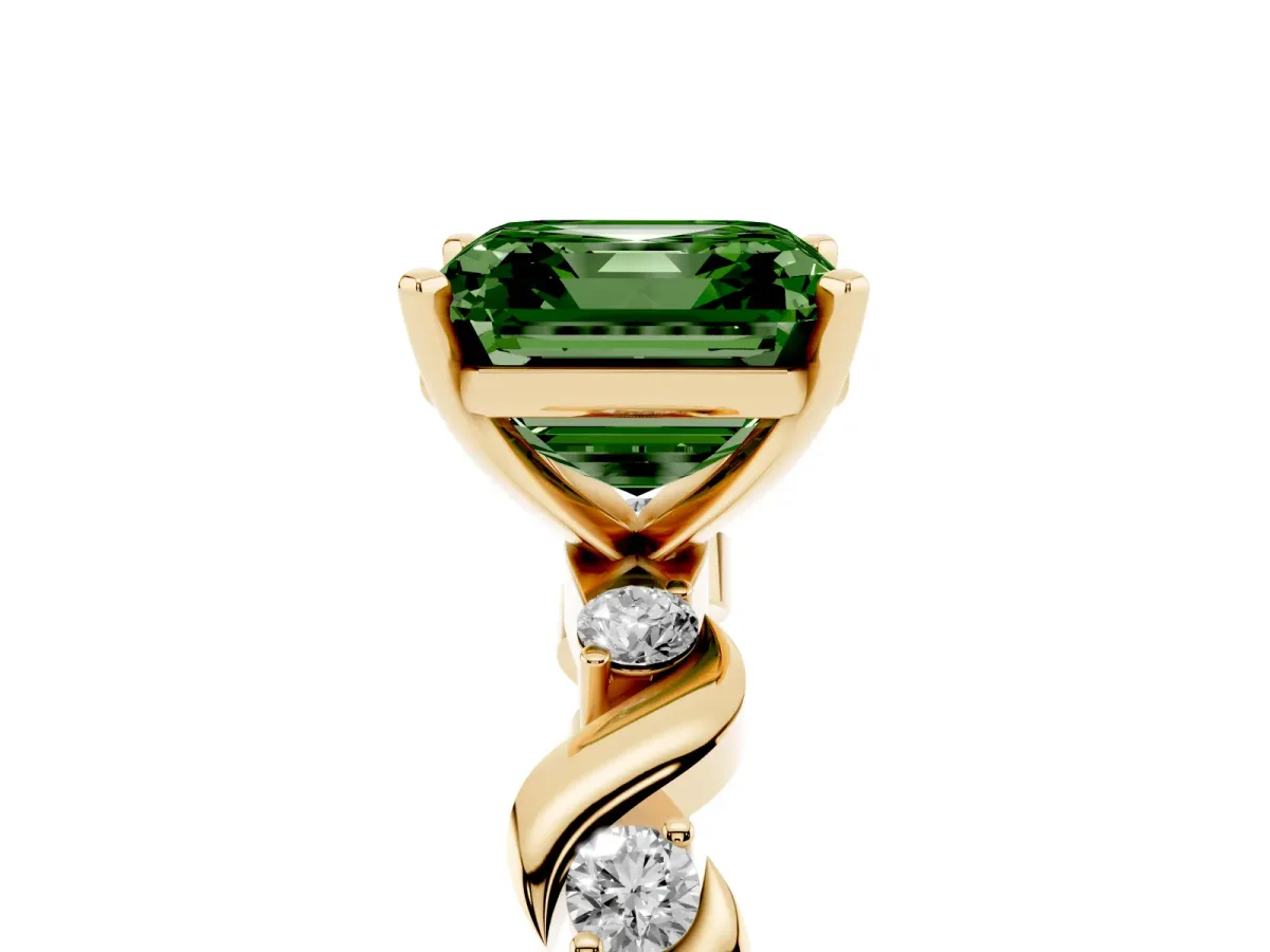 Fancy Green Asscher Cut Diamond Solitaire Twisted Band with Round Accents and Prong Setting Yellow gold