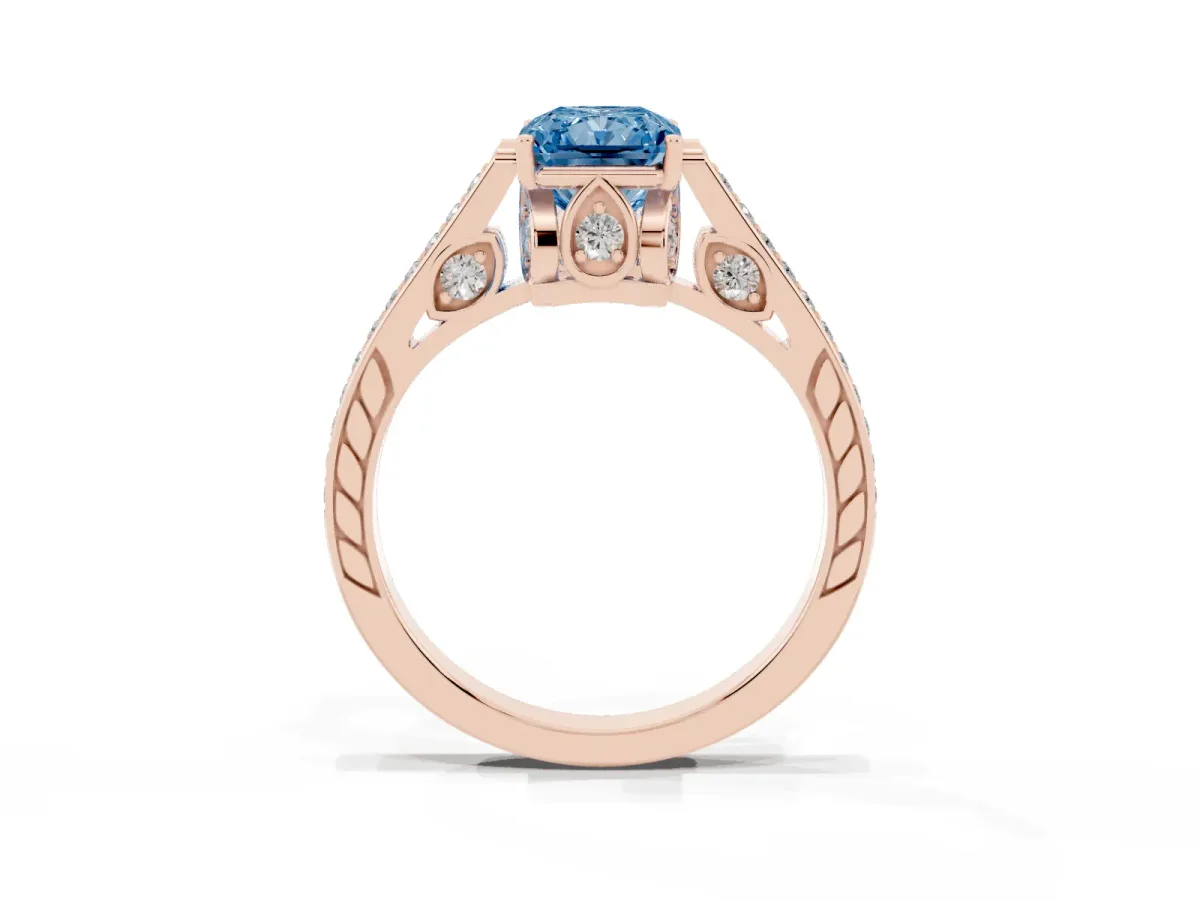 Fancy Blue Radiant Cut Cut Cathedral Pave Diamond Engagement Ring with Six-Prong Setting Rose gold