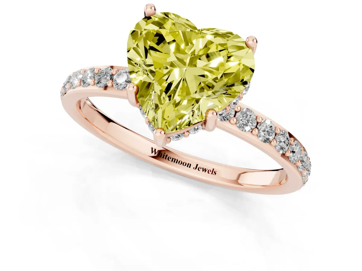 Fancy Yellow Heart Cut Diamond Solitaire Ring with Pavé Band and Hidden Halo Rose gold