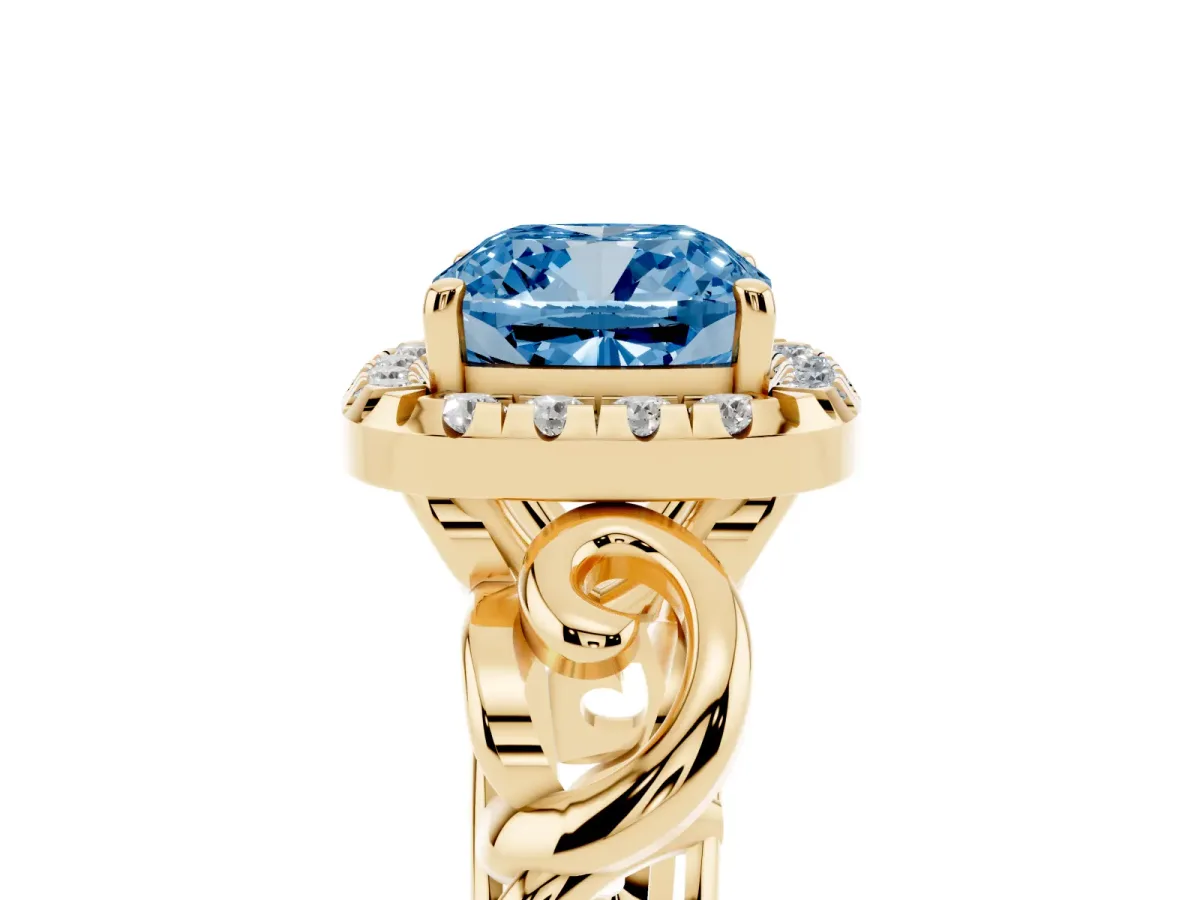 Fancy Blue Cushion Cut Cut Halo Diamond Ring with Scrollwork Band and Four-Prong Setting Yellow gold
