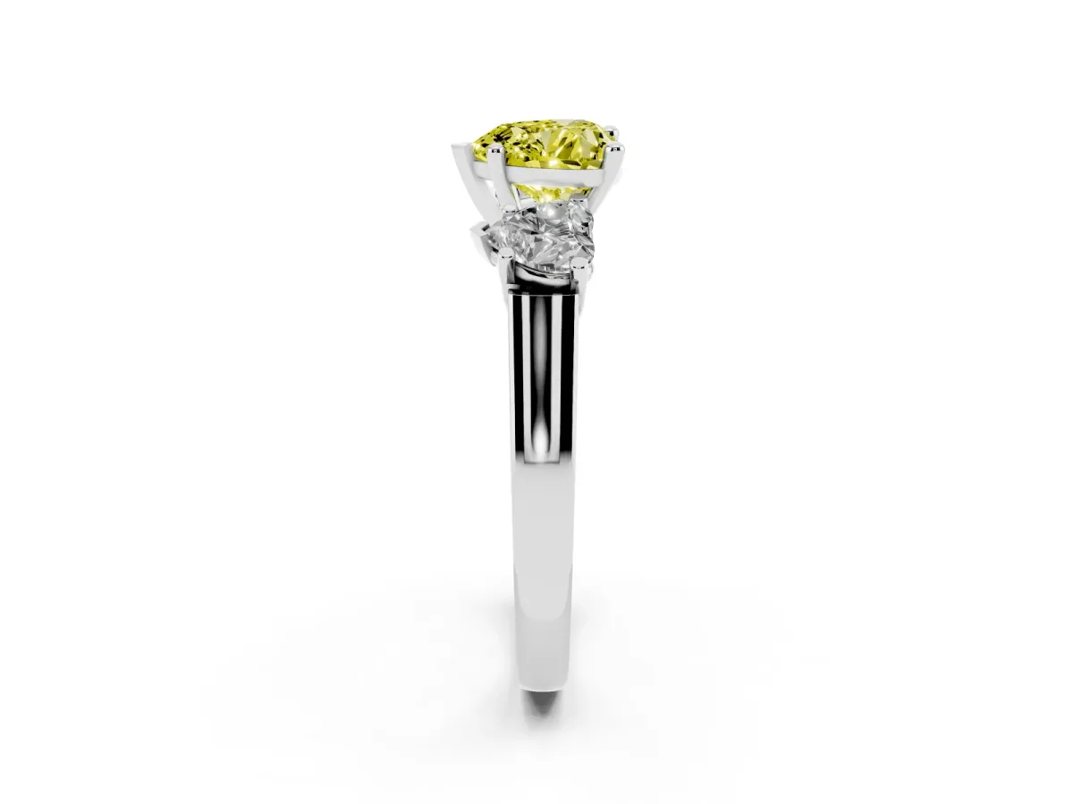 Fancy Yellow Three-Stone Heart Cut Brilliant Diamond Trellis Ring with Comfort Fit Band White gold