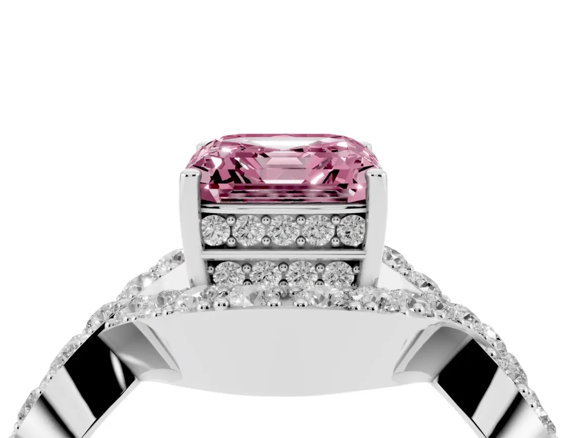 Fancy Pink Asscher Cut Solitaire Twist Band Pavé Diamond Engagement Ring Platinum