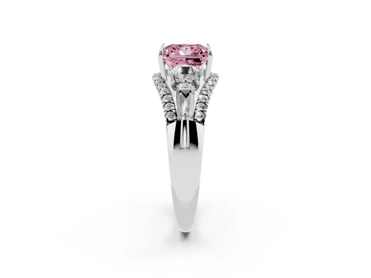 Fancy Pink Three-Stone Princess Cut Diamond Engagement Ring with Pave Band and Prong Setting Silver