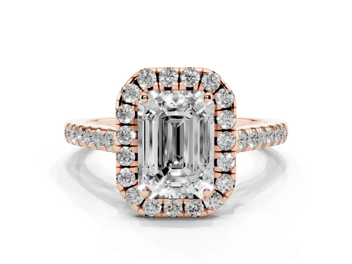 Emerald Cut Halo Pave Diamond Engagement Ring with Four-Prong Setting Rose gold