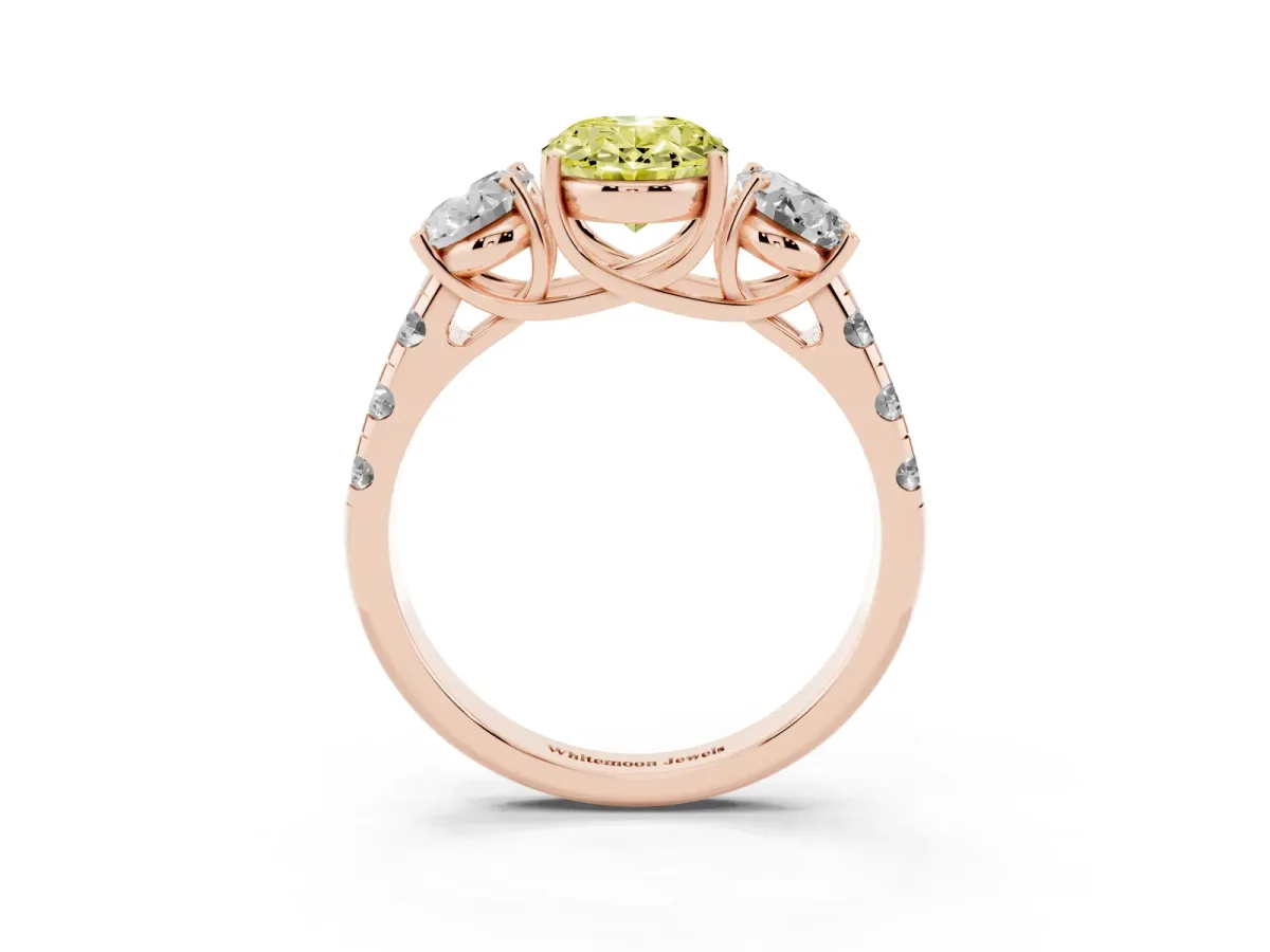 Fancy Yellow Three-Stone Oval Cut Diamond Pavé Band with Prong Setting Rose gold
