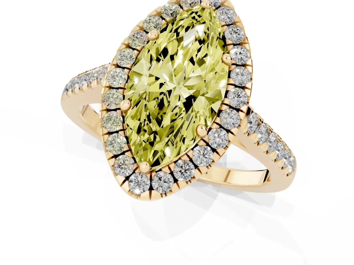 Fancy Yellow Marquise Cut Halo Pavé Diamond Engagement Ring with Four-Prong Setting Yellow gold