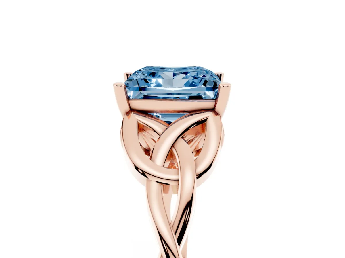 Fancy Blue Princess Cut Diamond Solitaire Engagement Ring with Celtic Knot Band and Four-Prong Setting Rose gold