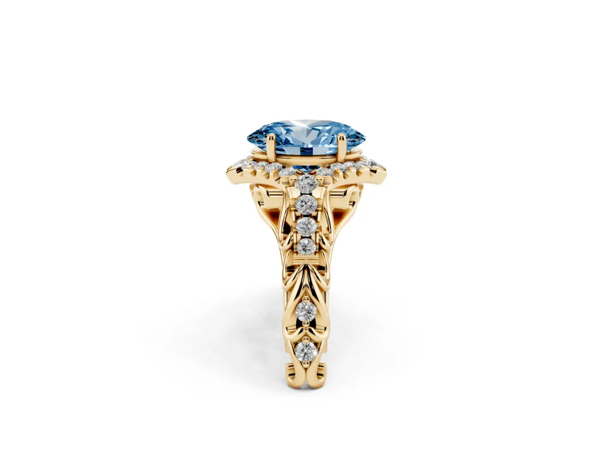 Fancy Blue Oval Cut Diamond Solitaire Ring with Hidden Halo and Pavé Band Yellow gold