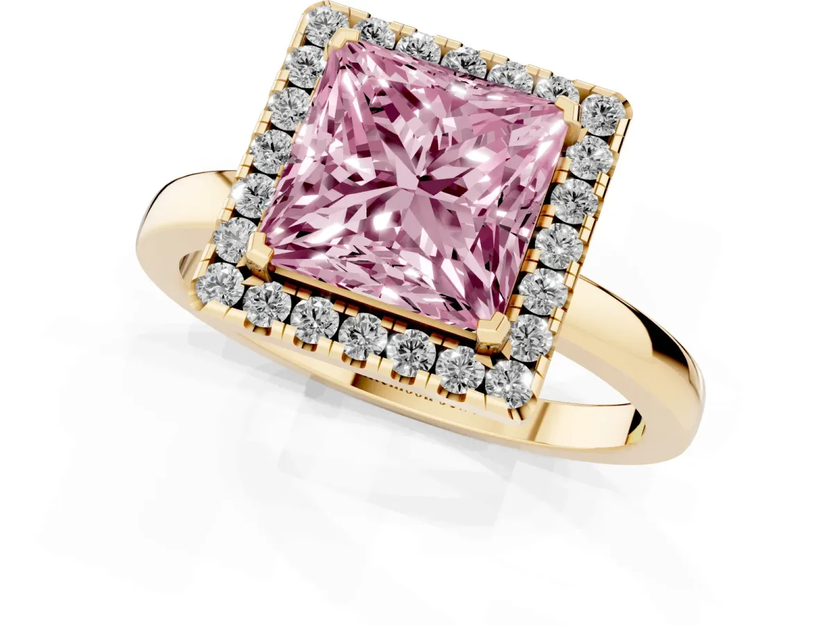 Fancy Pink Princess Cut Halo Diamond Solitaire with Pavé Band and Four-Prong Setting Yellow gold
