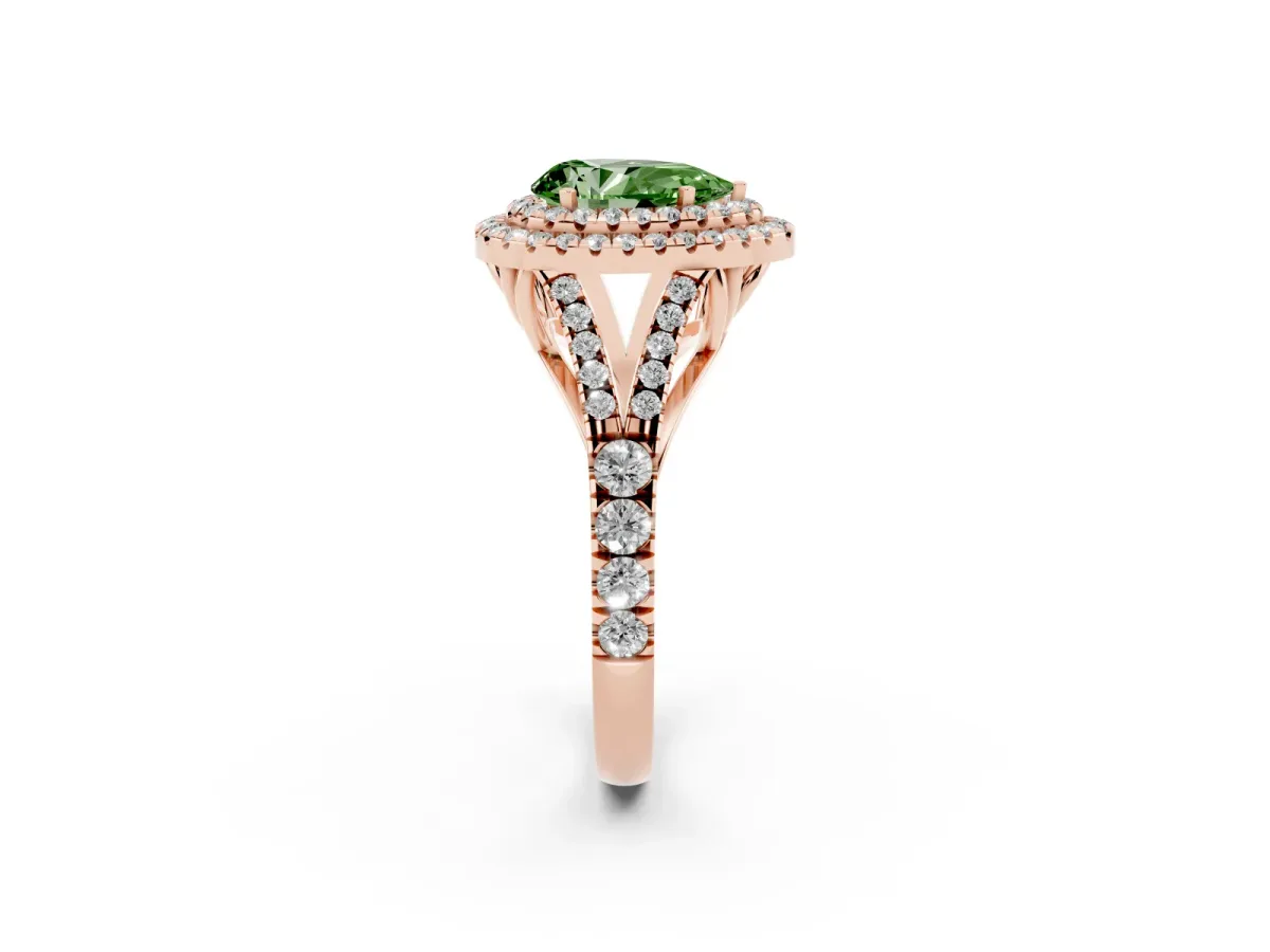 Fancy Green Pear Cut Diamond Pavé Split Shank Double Halo Engagement Ring Rose gold