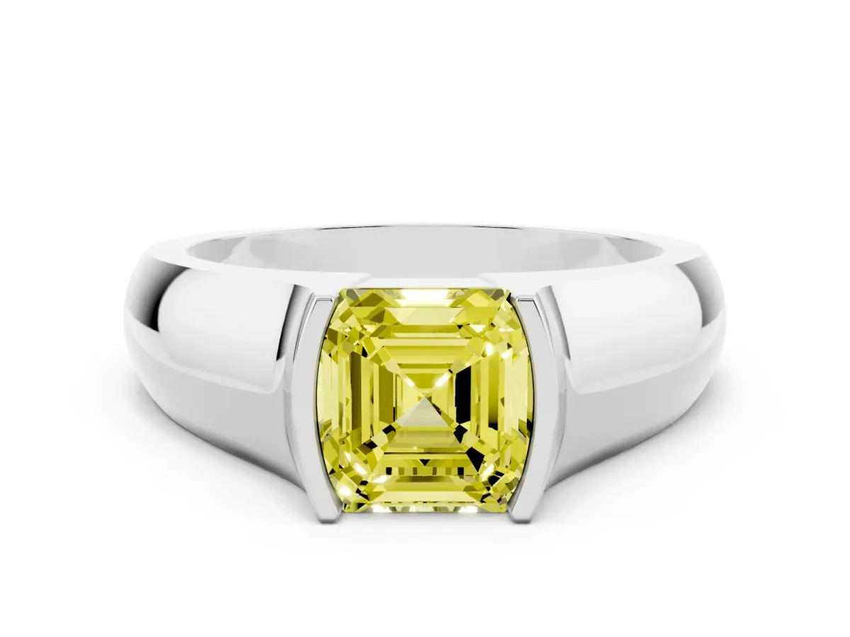 Fancy Yellow Asscher Cut Solitaire Bezel Set Diamond Ring with Wide Band Platinum
