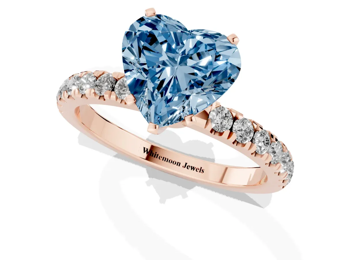Fancy Blue Heart Cut Diamond Solitaire Ring with Pavé Accents and Four-Prong Setting Rose gold
