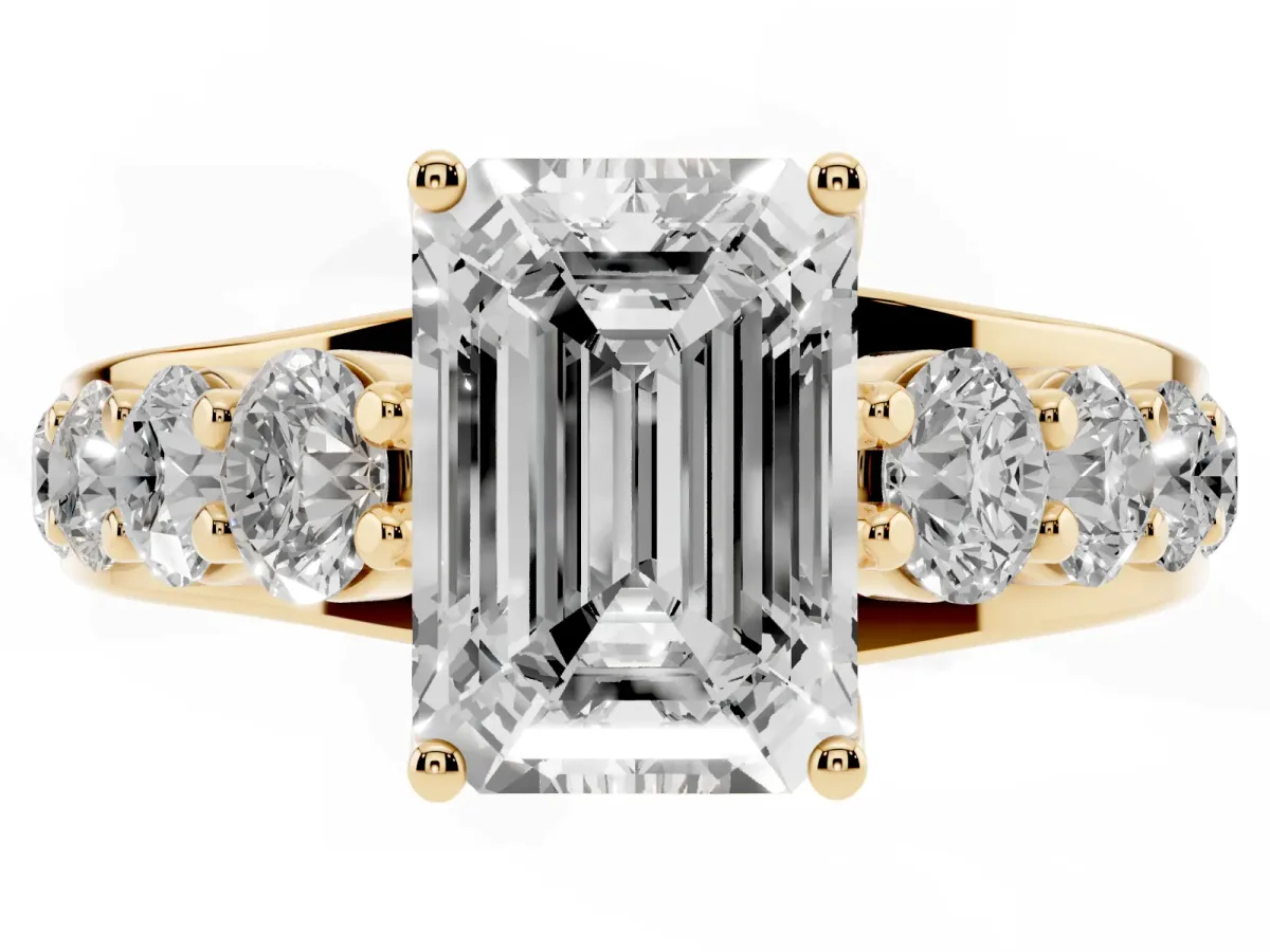 Emerald Cut Diamond Engagement Ring with Pavé Band and Four-Prong Setting Yellow gold