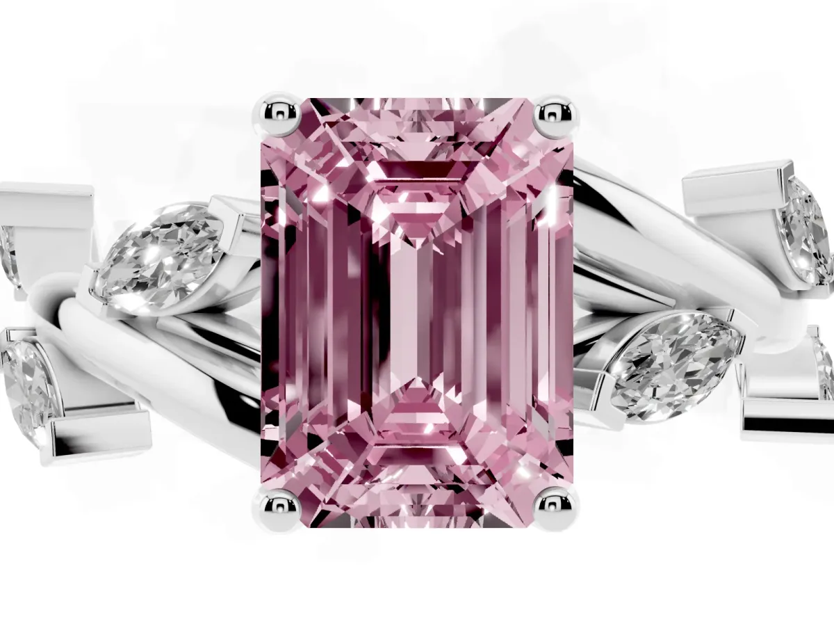 Fancy Pink Emerald Cut Solitaire Twisted Band Marquise Accent Prong Setting Ring Platinum