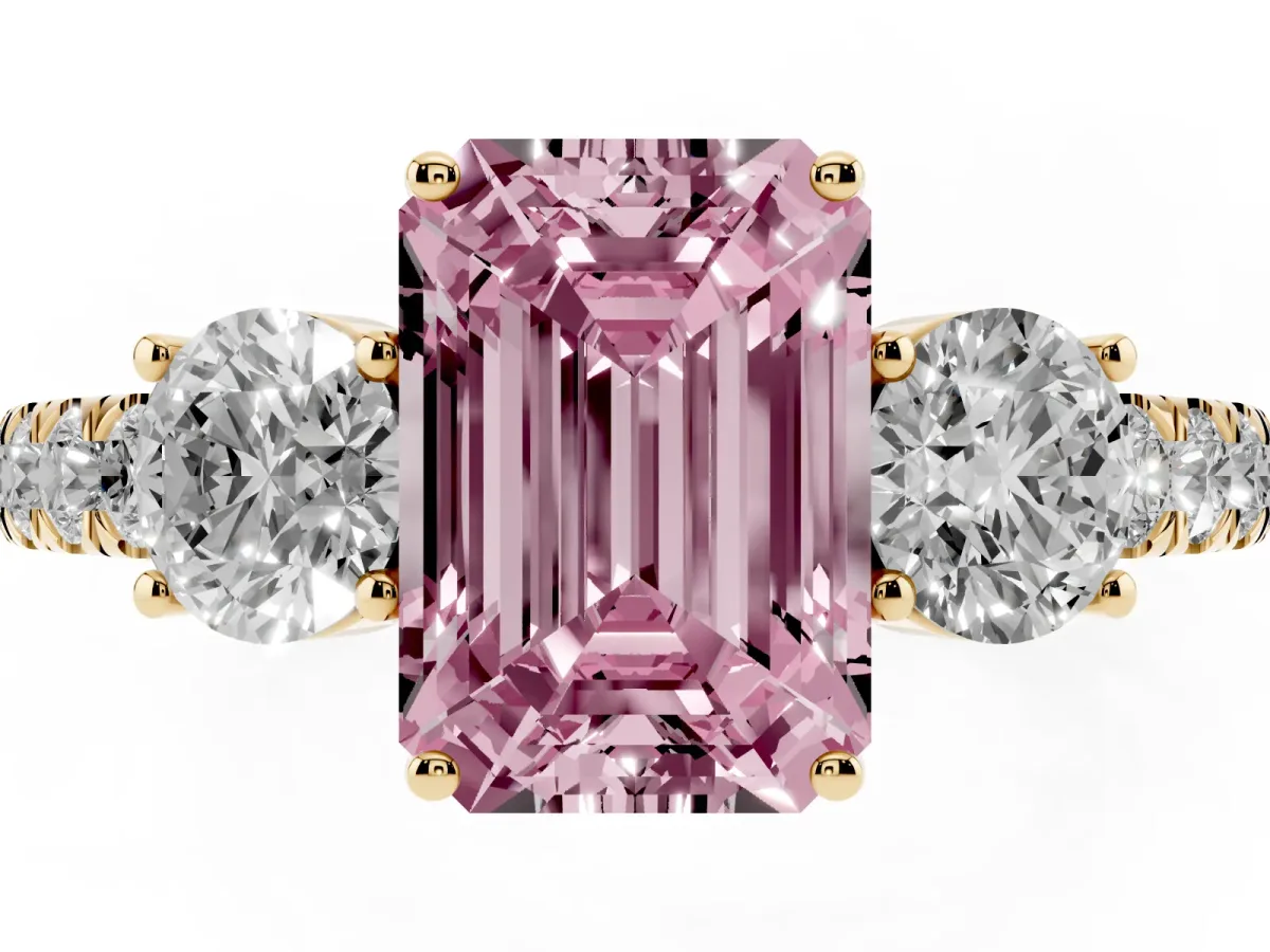 Fancy Pink Emerald Cut Cut Diamond Three-Stone Ring with Round Side Stones and Pavé Band Yellow gold