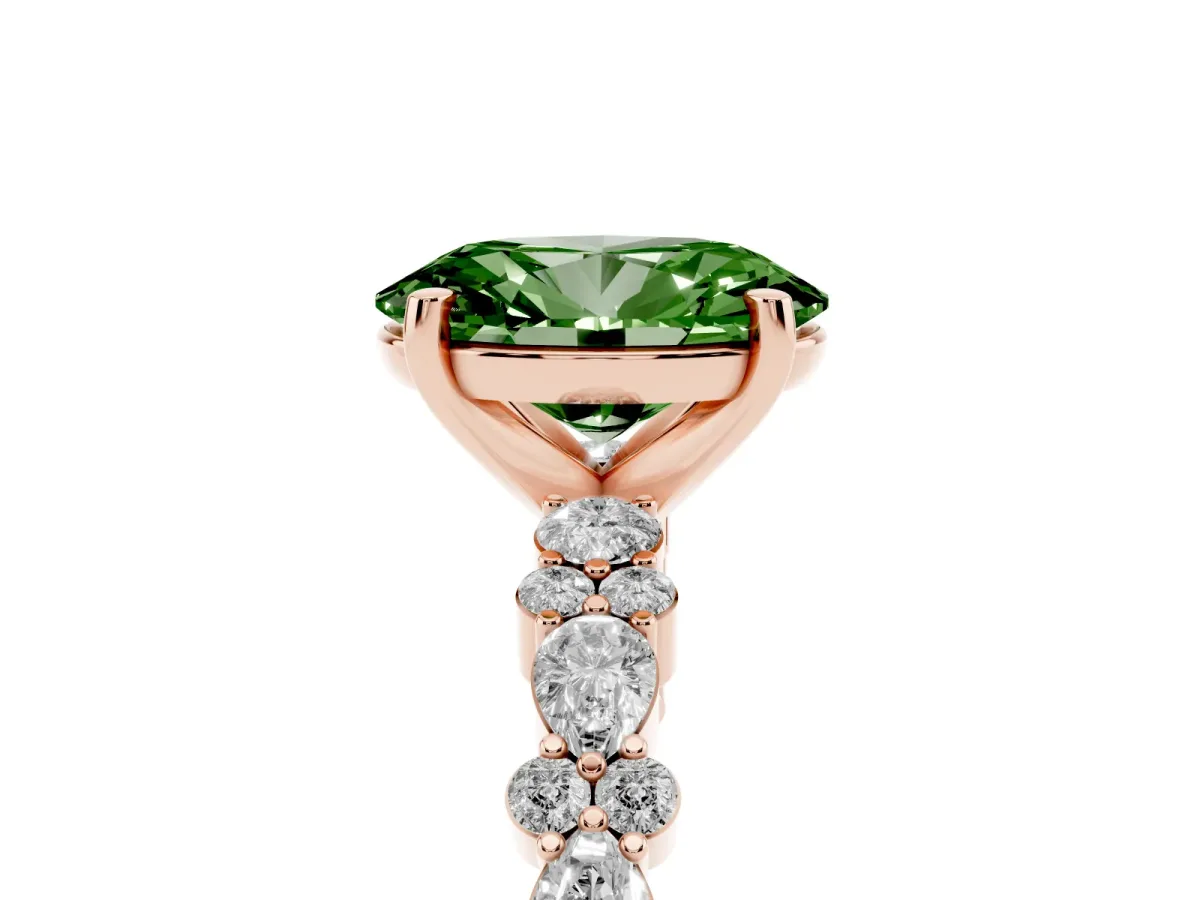 Fancy Green Oval Cut Diamond Side Stone Solitaire Ring with Round and Four-Prong Setting Rose gold
