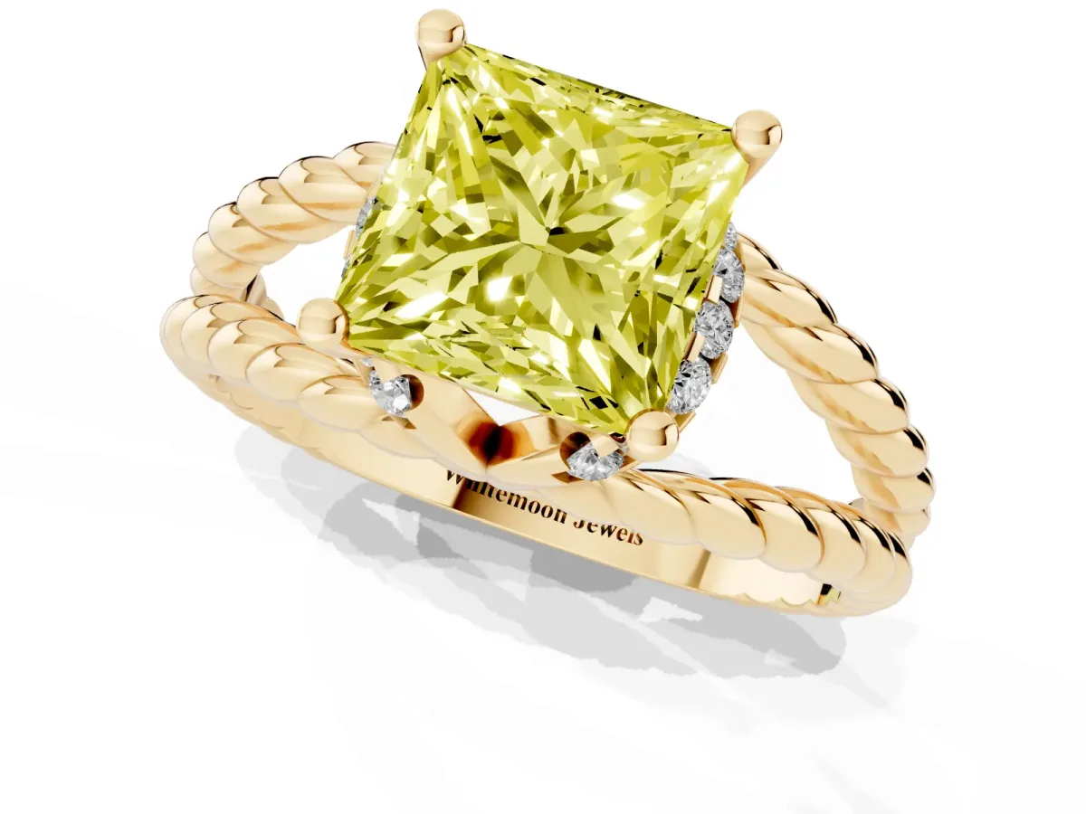 Fancy Yellow Princess Cut Halo Twisted Band Four-Prong Ring Yellow gold