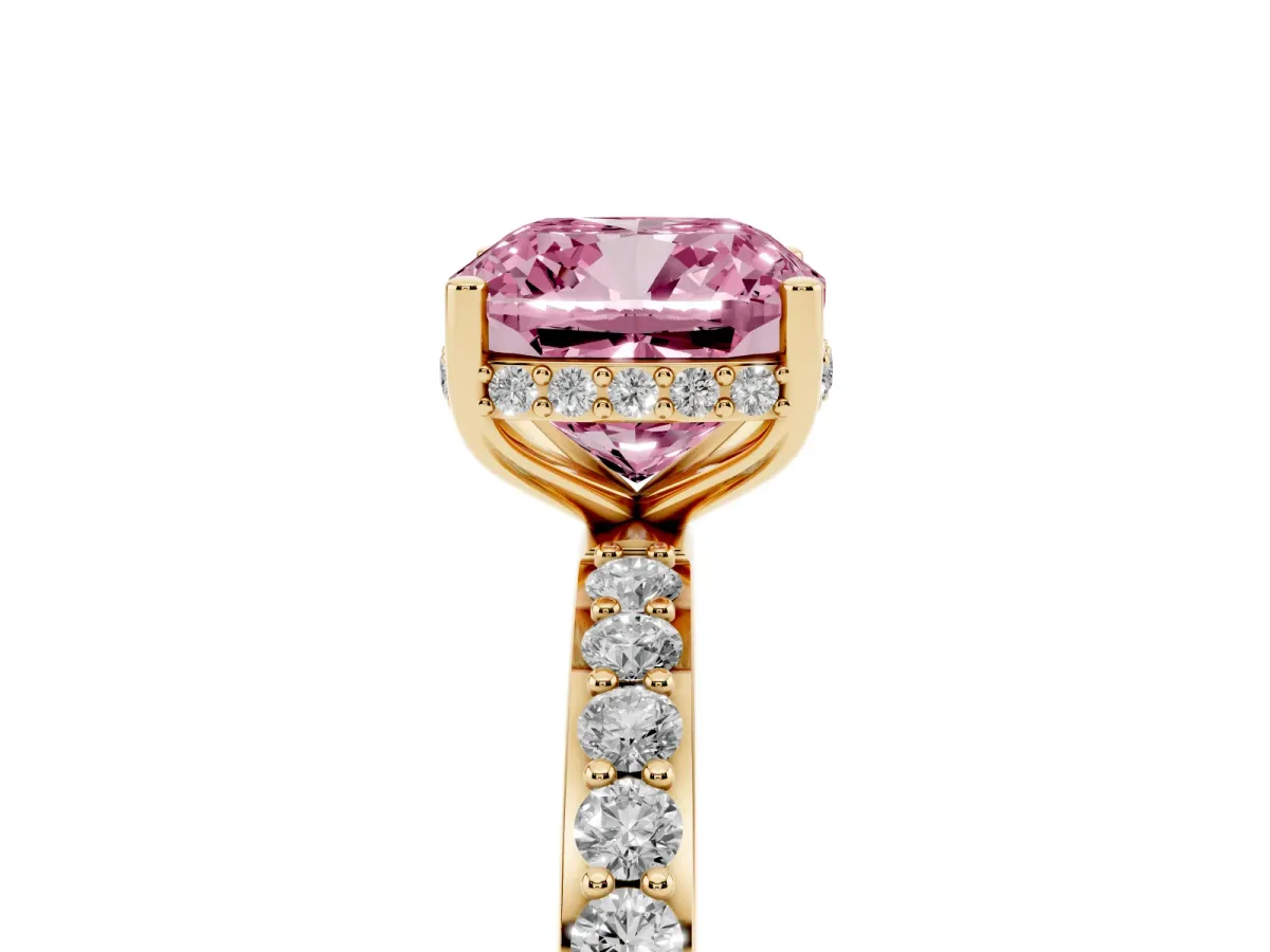 Fancy Pink Cushion Cut Diamond Solitaire Ring with Pavé Band and Hidden Halo Yellow gold