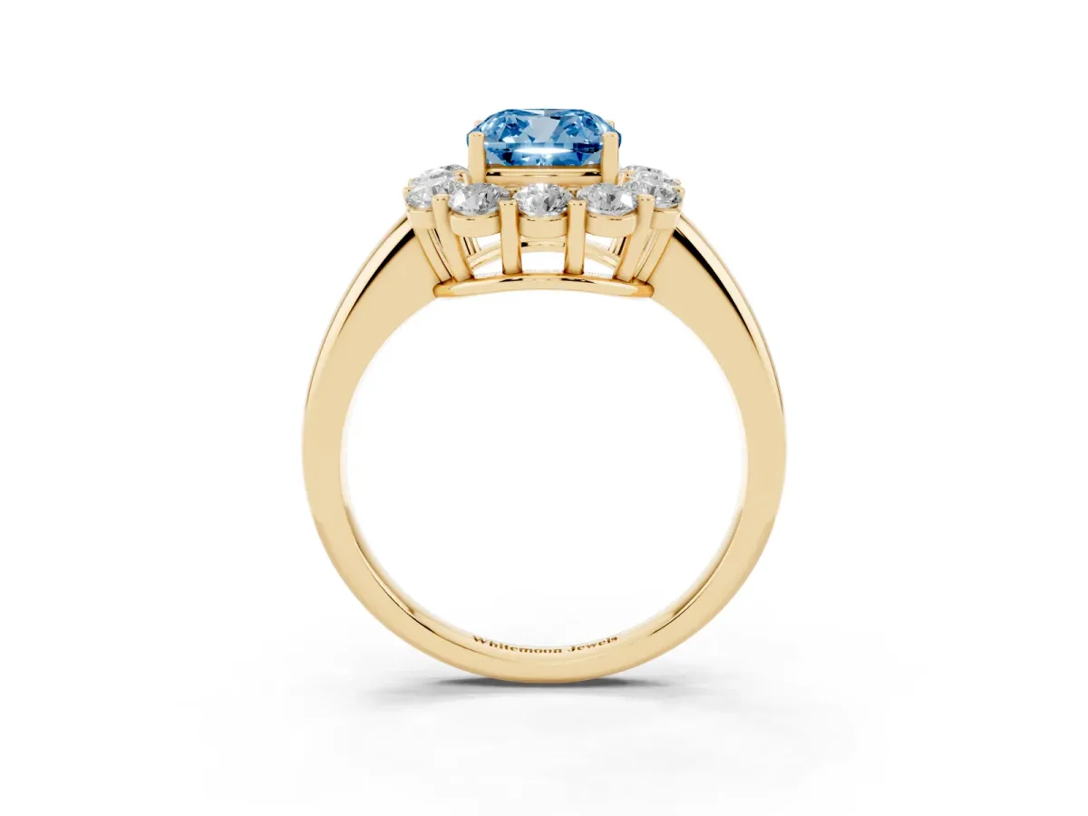 Fancy Blue Cushion Cut Halo Cluster Diamond Engagement Ring with Prong Setting and Polished Band Yellow gold