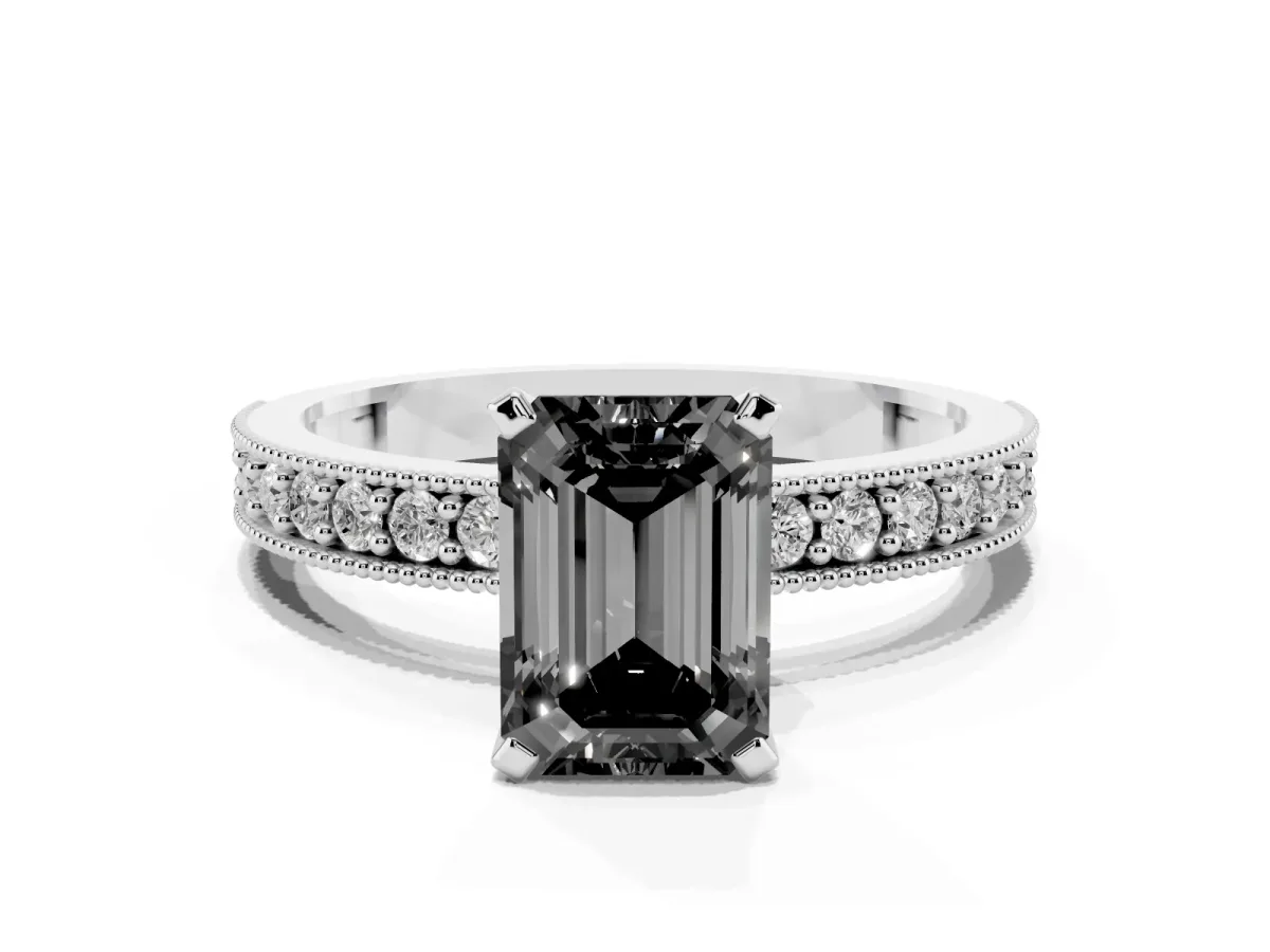Fancy Black Emerald Cut Diamond Milgrain Pavé Engagement Ring with Four-Prong Setting Silver