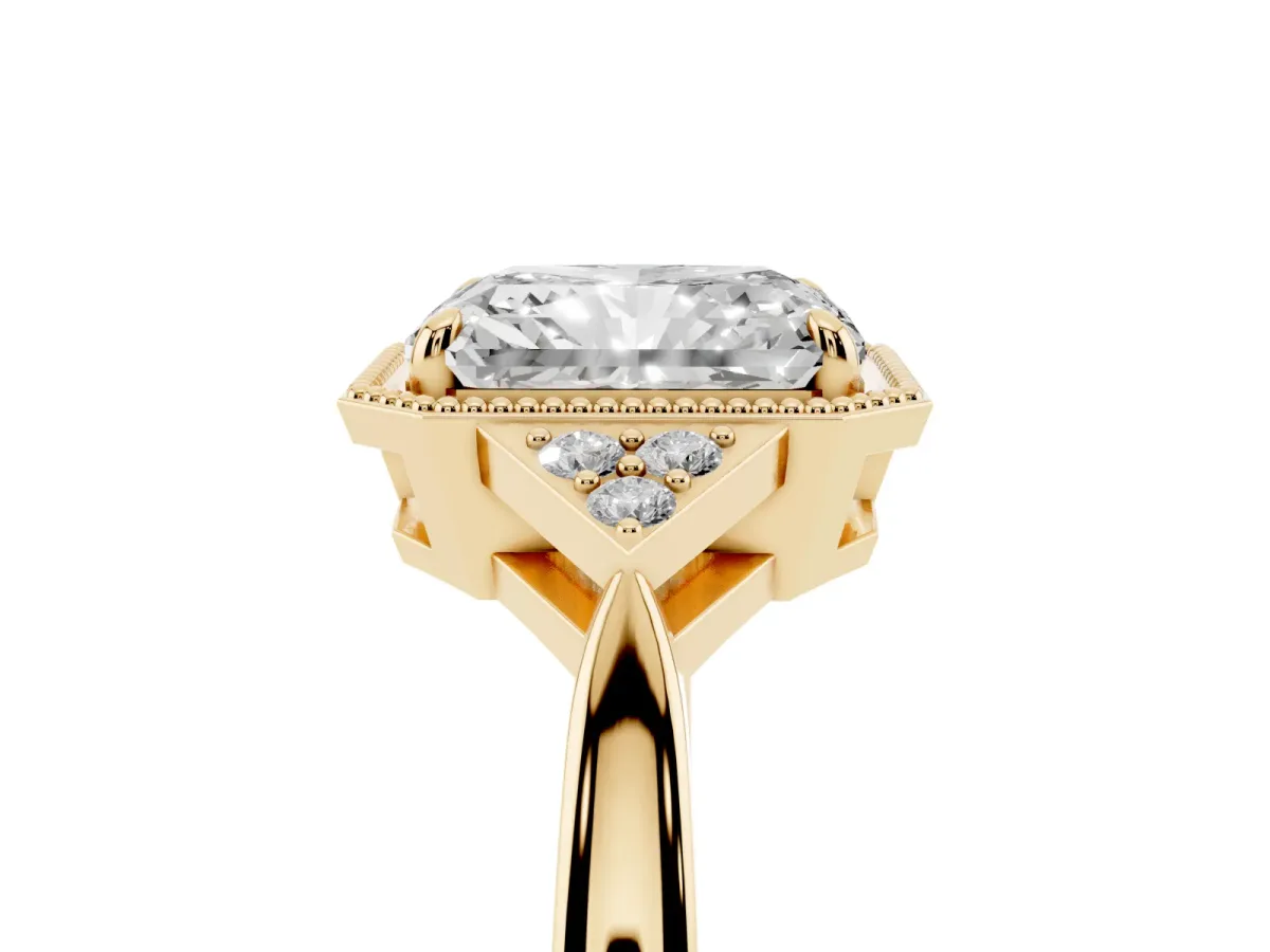Hexagonal Halo Radiant Cut Diamond Solitaire with Pavé Band and Four-Prong Setting Yellow gold