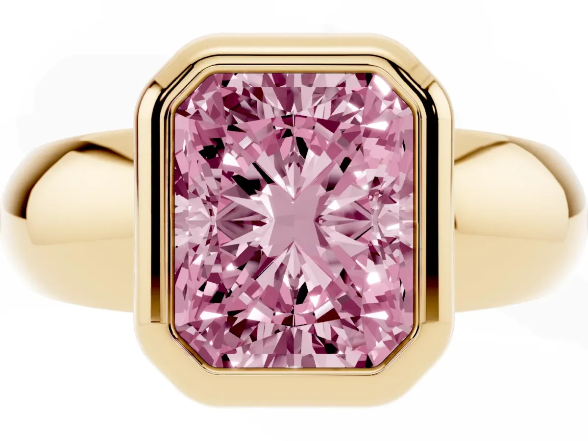 Fancy Pink Bezel Set Radiant Cut Solitaire Ring with Wide Band Yellow gold