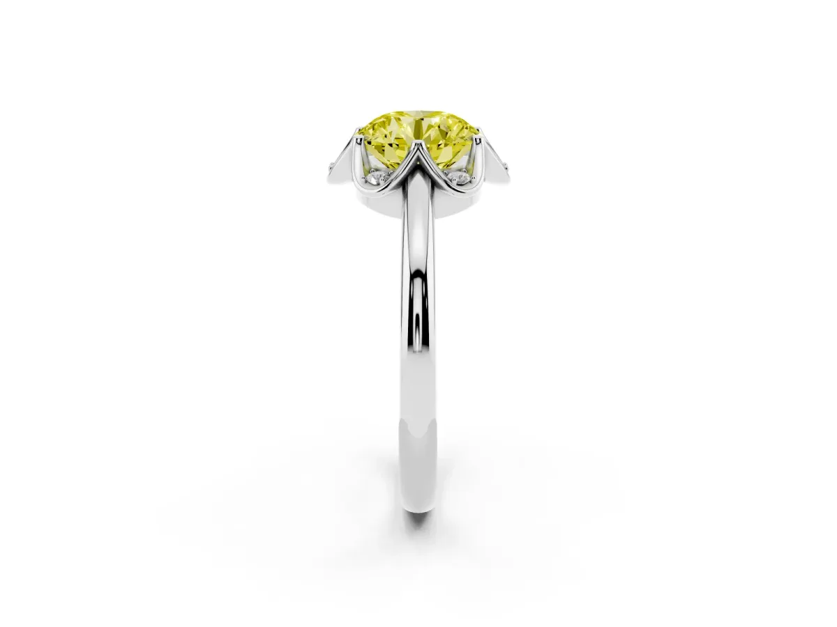 Fancy Yellow Round Cut Halo Diamond Ring with Round Cluster Setting, Solitaire Band, and Four-Prong Setting White gold