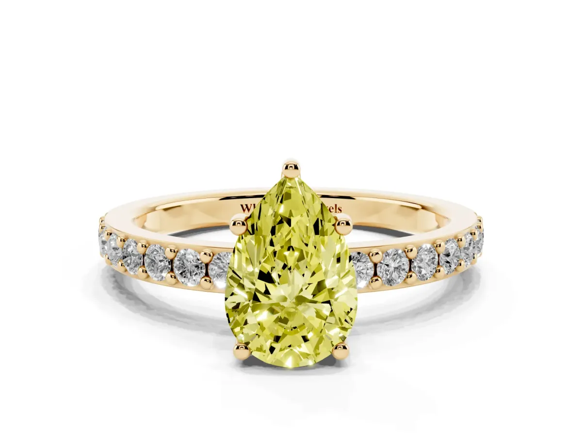 Fancy Yellow Pear Cut Cut Diamond Solitaire with Pave Band and Four-Prong Setting Yellow gold