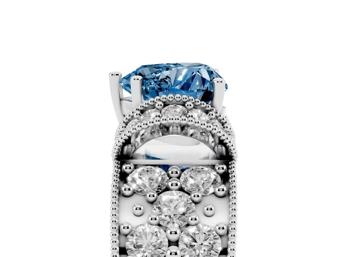 Fancy Blue Heart Cut Halo Pave Diamond Engagement Ring with Milgrain Detailing Silver
