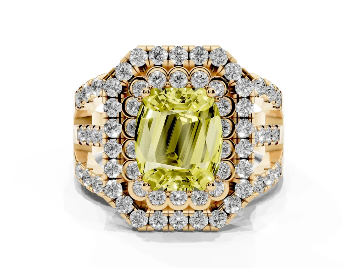 Fancy Yellow Emerald Cut Diamond Double Halo Ring with Round Pavé Split Shank and Prong Setting Yellow gold