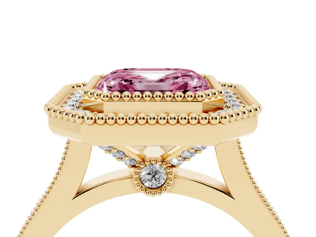 Fancy Pink Asscher Cut Diamond Halo Ring with Milgrain Frame and Pavé Band Yellow gold