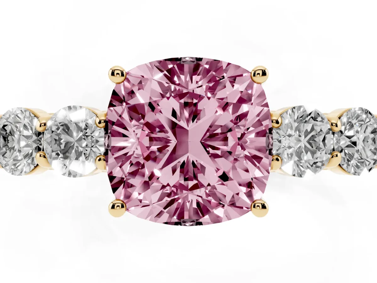 Fancy Pink Cushion Cut Cut Diamond Five-Stone Prong Set White Gold Ring Yellow gold